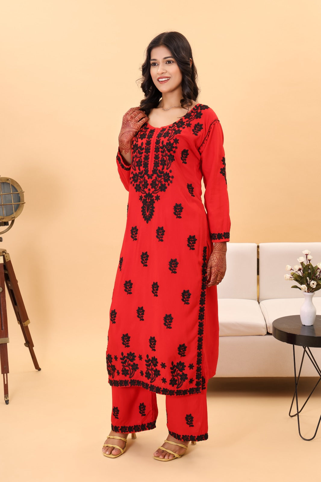 Gazal Authentic Lucknowi Kurta set with intricate black detailing