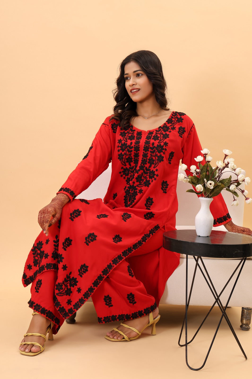 Gazal Authentic Lucknowi Kurta set with intricate black detailing