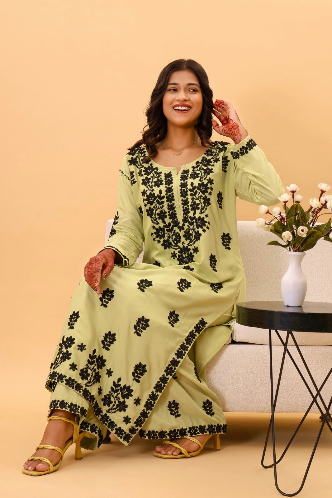 Gazal Authentic Lucknowi Kurta set with intricate black detailing