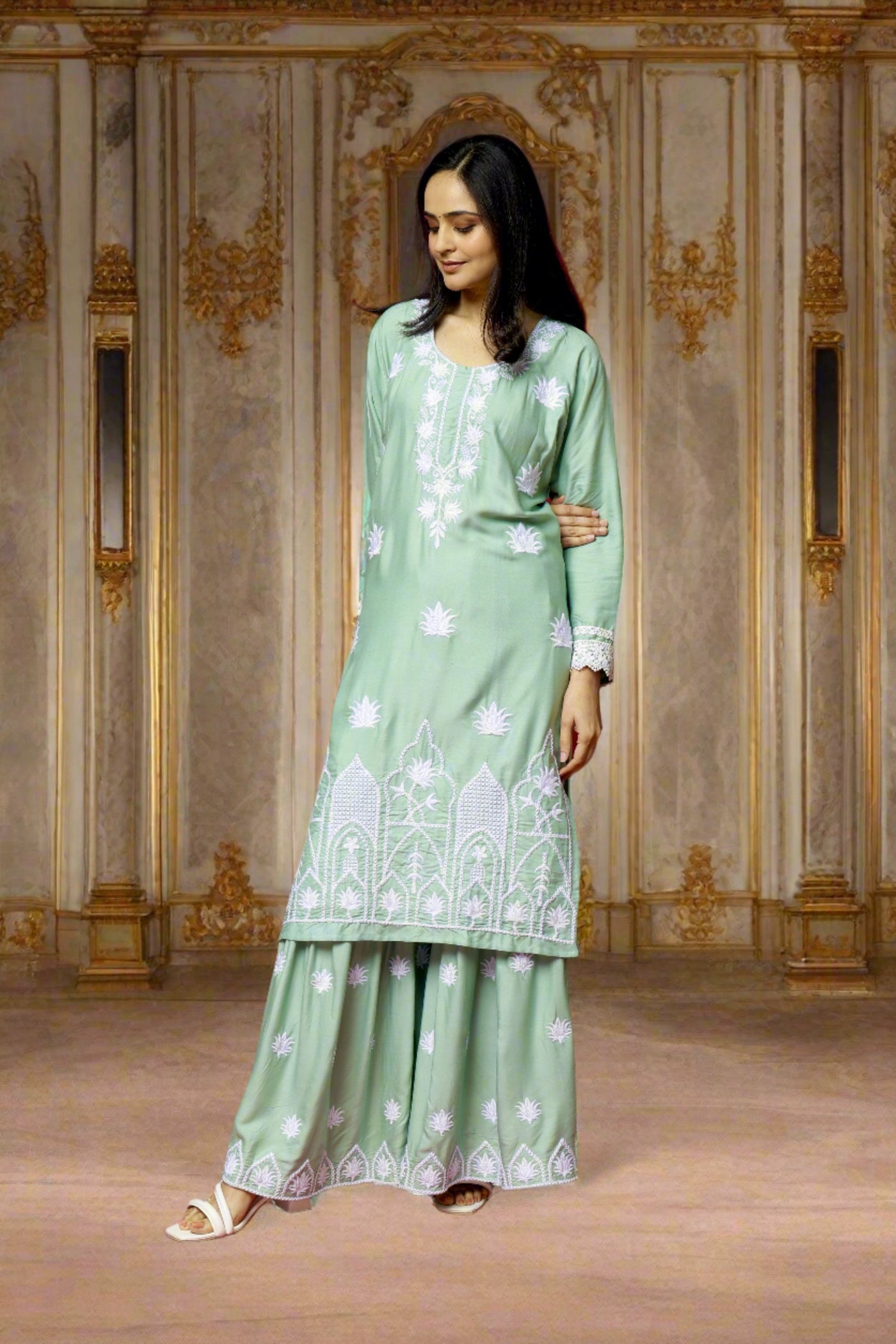 Authentic Chikankari Sea Green Sharara Set