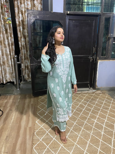 Gulabi Dhaga's Authentic Chikankari Kurta Set in Pastel Green