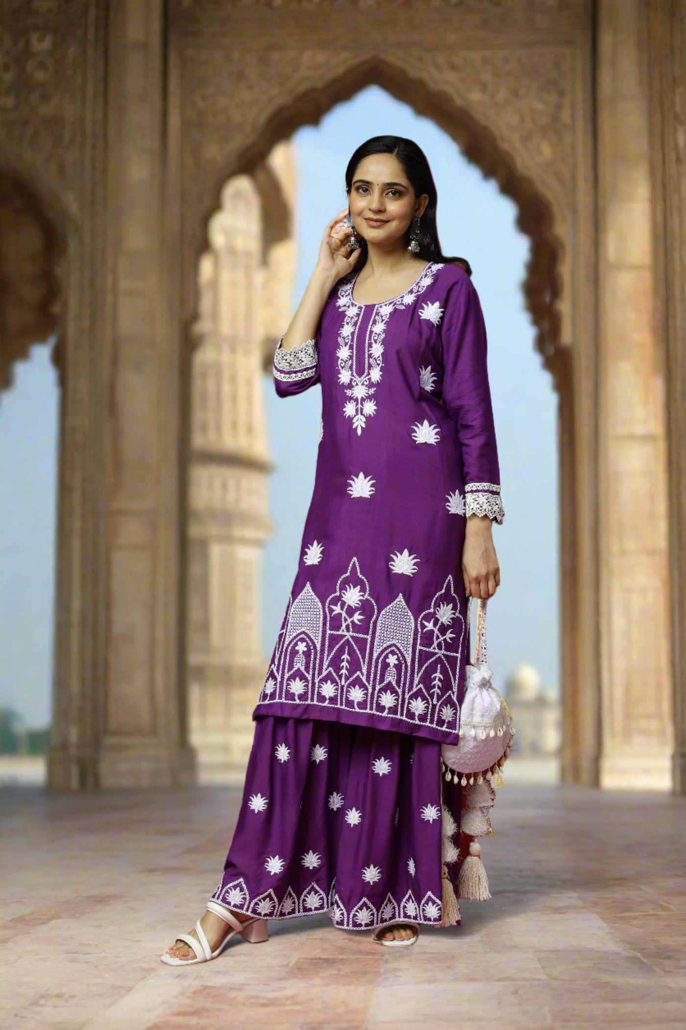 Authentic Chikankari Purple Sharara Set