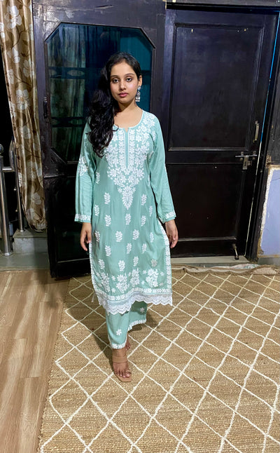 Gulabi Dhaga's Authentic Chikankari Kurta Set in Pastel Green