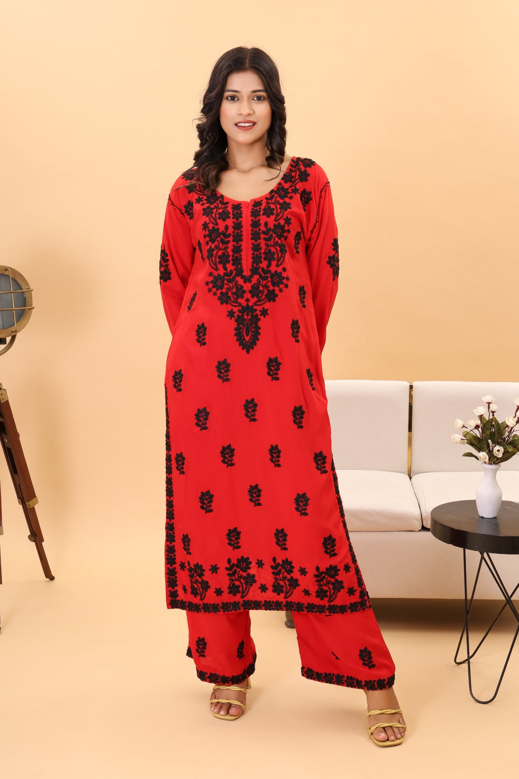 Gazal Authentic Lucknowi Kurta set with intricate black detailing