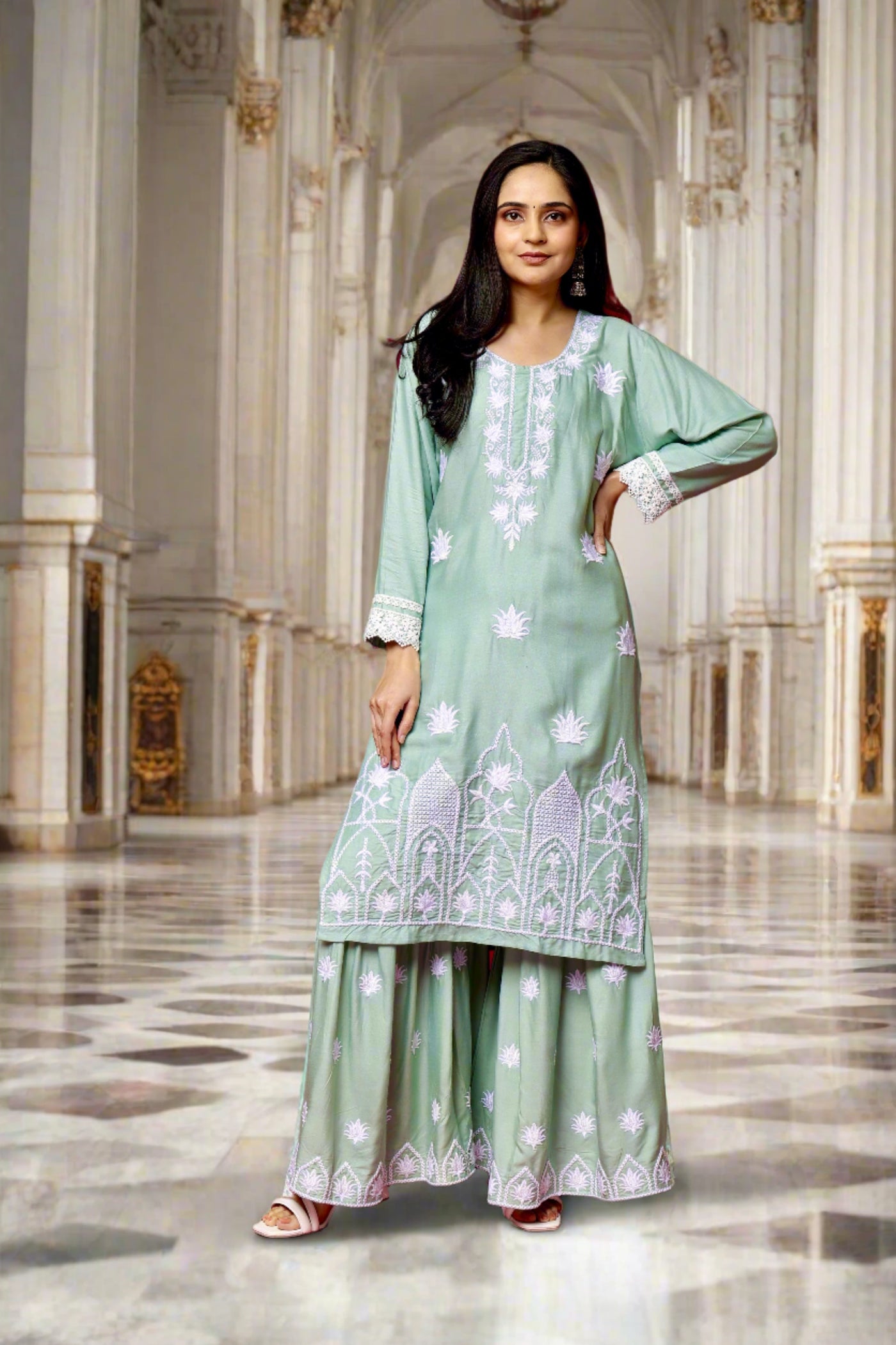 Authentic Chikankari Sea Green Sharara Set