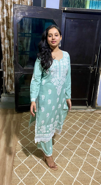 Gulabi Dhaga's Authentic Chikankari Kurta Set in Pastel Green