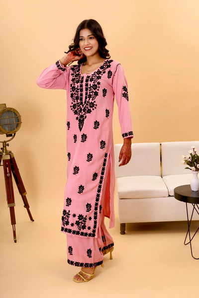 Gazal Authentic Lucknowi Kurta set with intricate black detailing