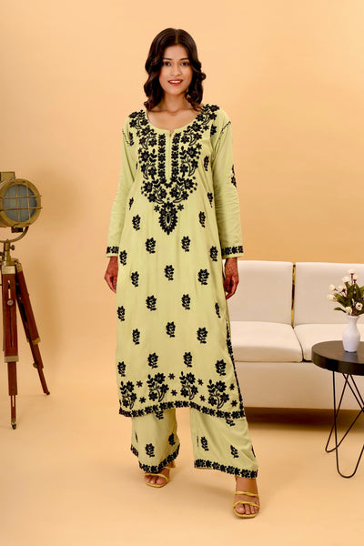 Gazal Authentic Lucknowi Kurta set with intricate black detailing