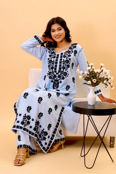 Gazal Authentic Lucknowi Kurta set with intricate black detailing