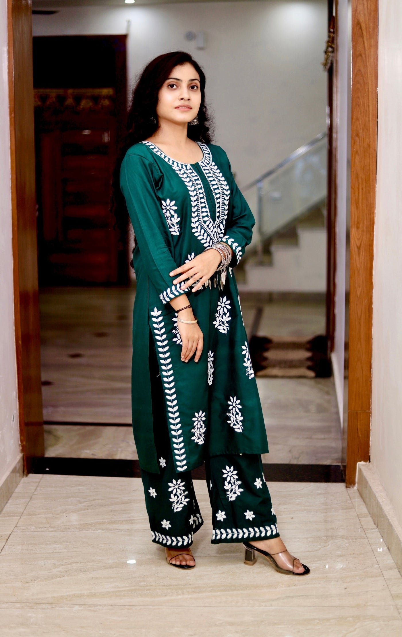 Asma Gulabi Dhaga's Authentic Chikankari Bottle Green Suit Set